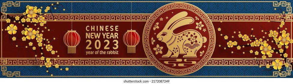 Happy chinese new year 2023 year of the rabbit zodiac with on color Background. (Translation : Happy new year)