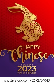 Happy chinese new year 2023 year of the rabbit zodiac sign with flower,lantern,asian elements gold paper cut style on color Background. (Translation : Happy new year)