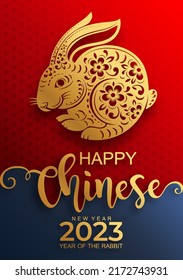 Happy chinese new year 2023 year of the rabbit zodiac sign with flower,lantern,asian elements gold paper cut style on color Background. (Translation : Happy new year)