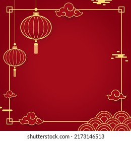 Happy Chinese new year 2023. Chinese new year banner with circle for show product. Greeting card. China frame with lantern on red background.