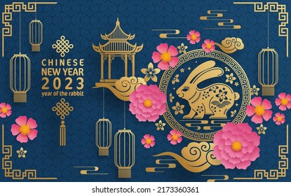 Happy chinese new year 2023 year of the rabbit zodiac with on color Background. (Translation : Happy new year)