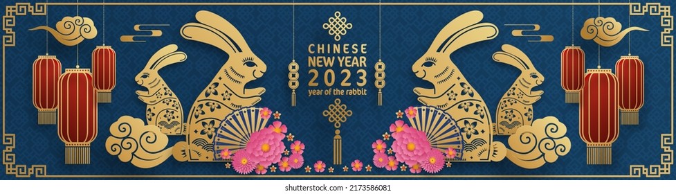 Happy chinese new year 2023 year of the rabbit zodiac with on color Background. (Translation : Happy new year)