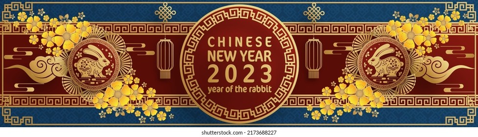 Happy chinese new year 2023 year of the rabbit zodiac with on color Background. (Translation : Happy new year)