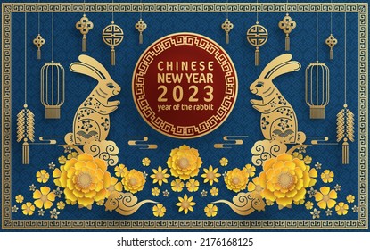 Happy chinese new year 2023 year of the rabbit zodiac with on color Background. (Translation : Happy new year)