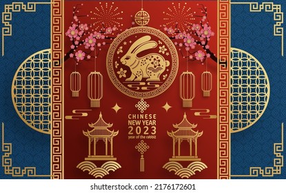 Happy chinese new year 2023 year of the rabbit zodiac with on color Background. (Translation : Happy new year)