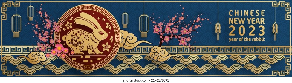 Happy chinese new year 2023 year of the rabbit zodiac with on color Background. (Translation : Happy new year)