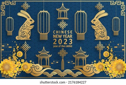 Happy chinese new year 2023 year of the rabbit zodiac with on color Background. (Translation : Happy new year)