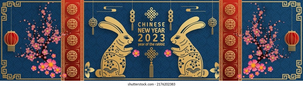 Happy chinese new year 2023 year of the rabbit zodiac with on color Background. (Translation : Happy new year)