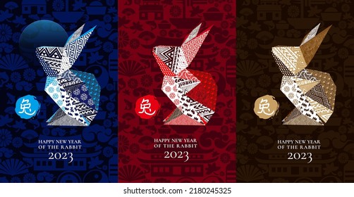 Happy Chinese New Year 2023 Gong Xi Fa Cai Year of the Rabbit, hare, rabbit zodiac, flowers, lanterns, asian elements, golden paper cut style on colorful background. Chinese character: Rabbit