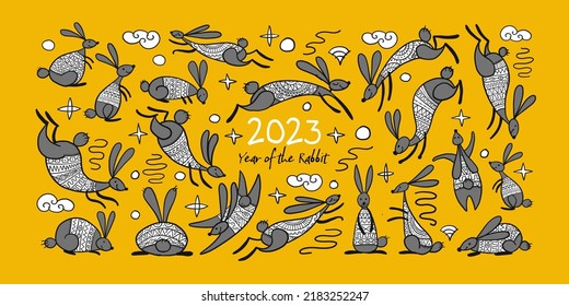 Happy chinese new year 2023 of the rabbit zodiac sign. Funny Bunnies concept art. Christamas Card. Vector illustration