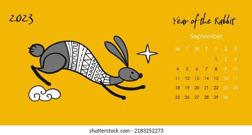 Happy chinese new year 2023 of the rabbit zodiac sign. Calendar template. Funny Bunnies concept art. Christamas background. Vector illustration