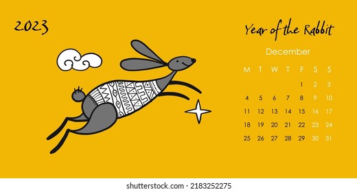 Happy chinese new year 2023 of the rabbit zodiac sign. Calendar template. Funny Bunnies concept art. Christamas background. Vector illustration