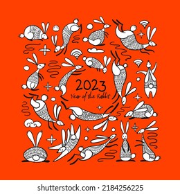 Happy chinese new year 2023 of the rabbit zodiac sign. Funny Bunnies concept art. Christamas Card. Vector illustration