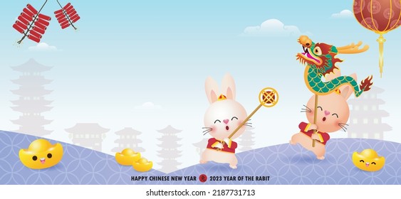 Happy Chinese new year 2023 year of the rabbit, cute Little bunny performs dragon Dance, gong xi fa cai, greeting card  Cartoon vector illustration isolated on white background, Translation New Year