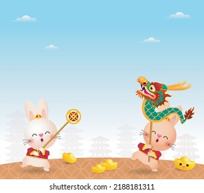 Happy Chinese new year 2023 year of the rabbit, cute Little bunny performs dragon Dance, gong xi fa cai, greeting card  Cartoon vector illustration isolated on background, Translation New Year