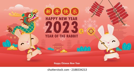 Happy Chinese new year 2023 year of the rabbit, cute Little bunny performs dragon Dance, gong xi fa cai, greeting card  Cartoon vector illustration isolated on background, Translation New Year