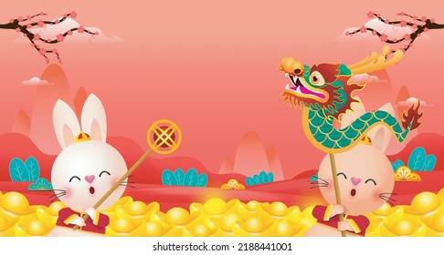 Happy Chinese new year 2023 year of the rabbit, cute Little bunny performs dragon Dance, gong xi fa cai, greeting card  Cartoon vector illustration isolated on background, Translation New Year