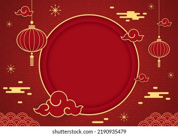 Happy Chinese new year 2023. Chinese new year banner with circle for show product. Greeting card. China frame with lantern on red background.