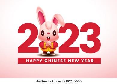 Happy Chinese New Year 2023. Cartoon cute long ears rabbit with greeting hand gesture stand in big 2023 numbers sign. Year of the Rabbit. Rabbit zodiac character vector