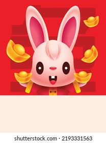 Happy chinese new year 2023. Cute rabbit bunny holding gold ingots with big empty greeting sign board. Flying Gold ingots. Year of the rabbit. Translate: Rabbit