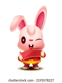 Happy Chinese New Year 2023. Cartoon cute rabbit with traditional costume holding empty chinese hand scroll