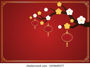 Happy Chinese new year 2023. Chinese new year banner with circle for show product. Greeting card. China frame with lantern on red background.