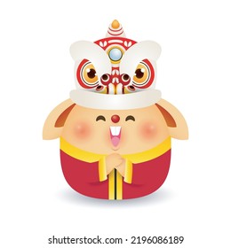 Happy Chinese new year 2023 greeting card, the year of the rabbit zodiac, cute Little bunny greeting with lion dance, gong xi fa cai, calendar, Cartoon isolated white background vector illustration
