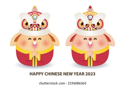 Happy Chinese new year 2023 greeting card, the year of the rabbit zodiac, cute Little bunny greeting with lion dance, gong xi fa cai, calendar, Cartoon isolated white background vector illustration