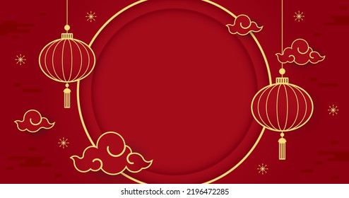 Happy Chinese new year 2023. Chinese new year banner with circle for show product. Greeting card. China frame with lantern on red background.