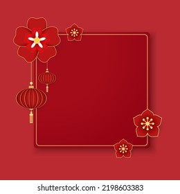 Happy Chinese new year 2023. Chinese new year banner with circle for show product. Greeting card. China frame with lantern on red background.