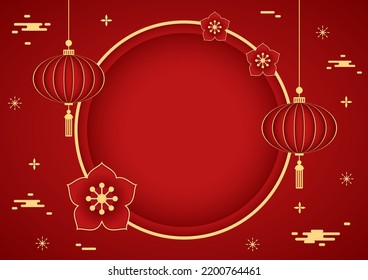 Happy Chinese new year 2023. Chinese new year banner with circle for show product. Greeting card. China frame with lantern on red background.