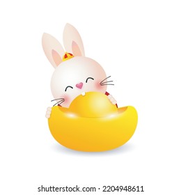 Happy Chinese new year 2023 greeting card, Cute Little rabbit and lion dance holding chinese gold Ingots, year of the rabbit zodiac, Little bunny gong xi fa cai, Cartoon isolated white background