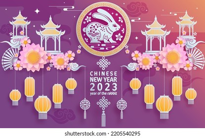Happy chinese new year 2023 year of the rabbit zodiac with on color Background. (Translation : Happy new year)
