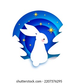 Happy Chinese New Year 2023 Zodiac Rabbit sign, year of the Rabbit paper cut art craft style. Cute bunny. Christmas tree. Winter forest.