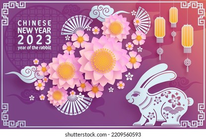Happy chinese new year 2023 year of the rabbit zodiac with on color Background. (Translation : Happy new year)
