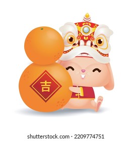 Happy Chinese new year 2023 greeting card Cute Little rabbit and lion dance holding mandarin orange, year of the rabbit zodiac, gong xi fa cai, Cartoon isolated on white background vector illustration