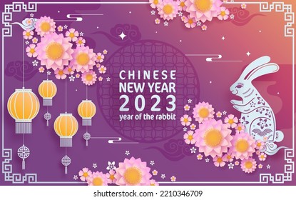 Happy chinese new year 2023 year of the rabbit zodiac with on color Background. (Translation : Happy new year)
