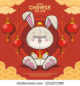 Happy Chinese New Year 2023. Year Of The Rabbit. Cute Cartoon Illustration