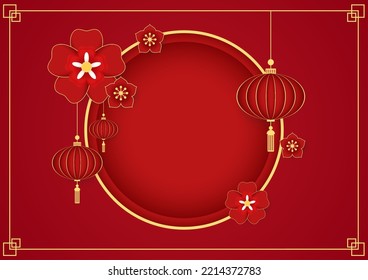 Happy Chinese new year 2023. Chinese new year banner with circle for show product. Greeting card. China frame with lantern on red background.