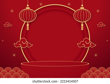 Happy Chinese new year 2023. Chinese new year banner with circle for show product. Greeting card. China frame with lantern on red background.