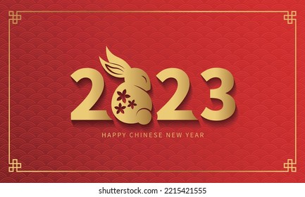 Happy Chinese New Year 2023, Rabbit zodiac sign on red color background. Asian elements with craft rabbit paper cut style. Headline font design.