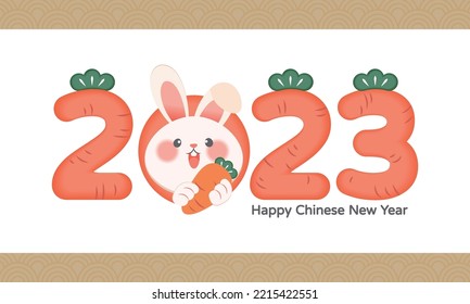 Happy Chinese New year 2023. Cute Rabbit and the numbers 2023 are in form of carrots and symbol. year of the rabbit.