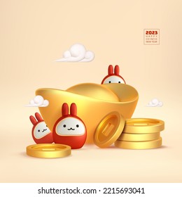 Happy chinese new year 2023 background. 3d cute lunar red rabbit, chinese golden ingot and coins. Traditional holiday lunar New Year. Cartoon vector illustration