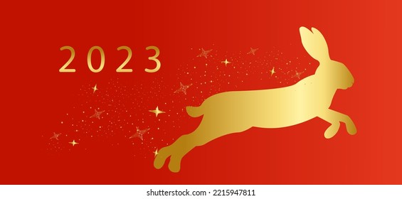 Happy Chinese new year 2023 Zodiac sign, year of the Rabbit, with gold paper cut art on red color background 