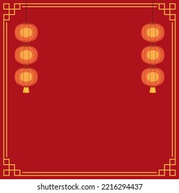 Happy Chinese new year 2023. Chinese new year banner with circle for show product. Greeting card. China frame with lantern on red background.