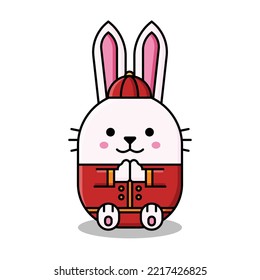 Happy chinese new year 2023. Cute rabbit cartoon character design. Year of rabbit zodiac. Rabbit making greeting gestures with chinese costume.