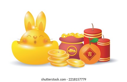 Happy Chinese new year 2023 greeting card year of the rabbit zodiac, gong xi fa cai, Cartoon background vecor illustration isolated on white background, text luck