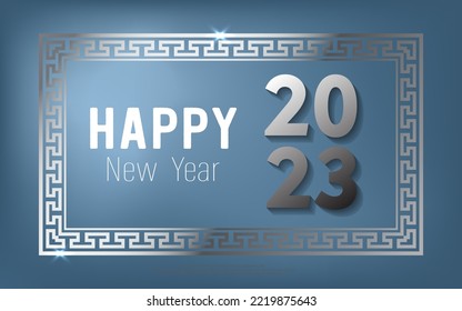 Happy Chinese new year 2023. metal number text with square frame on blue gradient background
