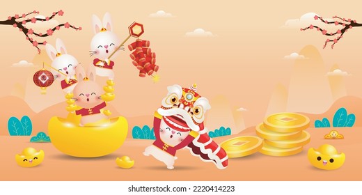 Happy Chinesisch neues Jahr 2023 Konzept süßes Kaninchen mit Löwentanz und chinesischen Goldbarren, Jahr des Kaninchen zodiac, gong xi fa cai Cartoon Charakter einzelne Vektorgrafik, Translate Kaninchen