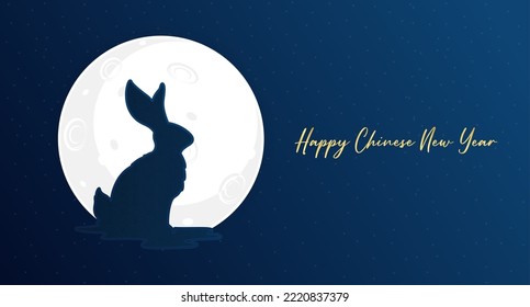 Happy Chinese New Year 2023 card, rabbit zodiac. Rabbit and moon on blue background with clouds. Vector EPS10 illustration.